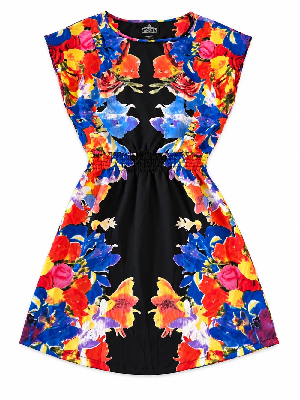 ANGIE BOHO FLORAL FIT AND FLARE DRESS WOMENS SMALL BLACK MULTICOLOR CUT OUT BACK